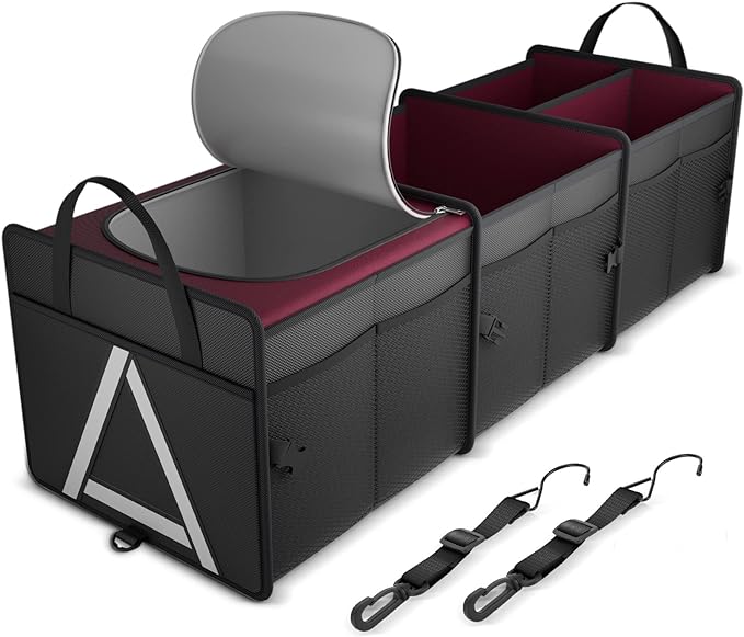 K KNODEL Sturdy Car Trunk Organizer with Premium Insulation Cooler Bag, 3 Compartments Heavy Duty Collapsible for Car, SUV, Truck, or Van (Large, Red)