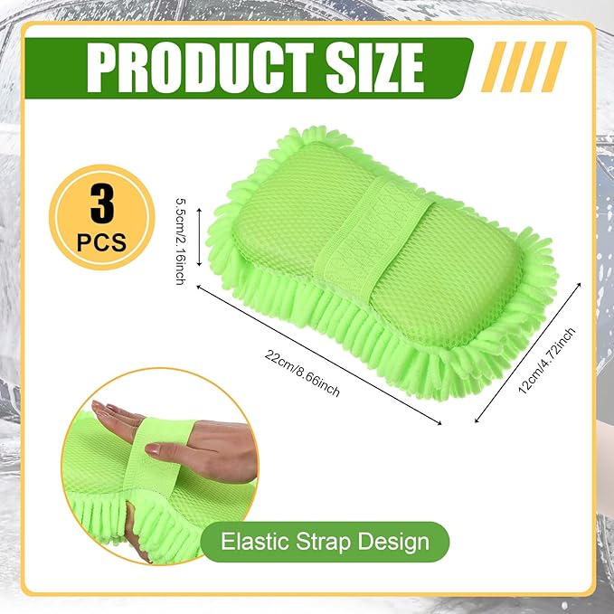 3 Pack Chenille Premium Scratch-Free Microfiber Wash Mitt Car Wash Sponges, Non-Scratch Car Cleaning Sponge Mitts, Ultra-Soft Glove, Swirl-Free Finish, Safe for Trucks, Suvs(Lime Green)