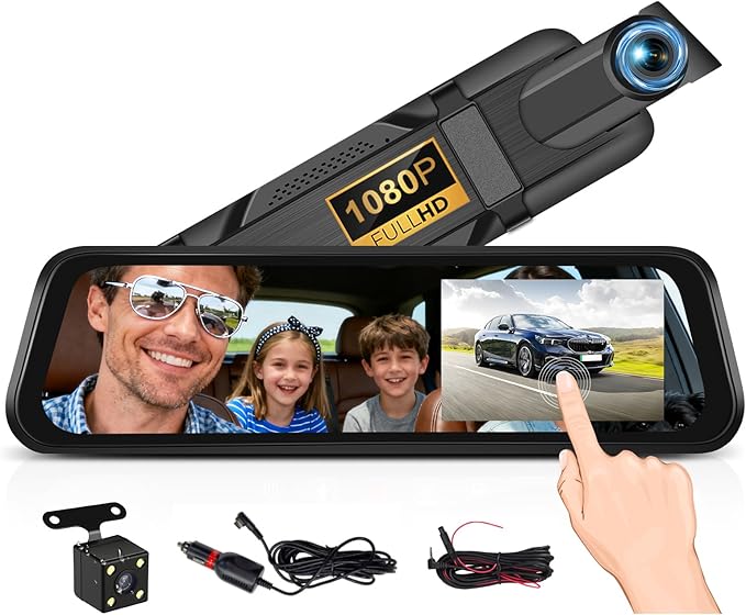 9.66 Inch IPS Mirror Dash Cam 1080P Front 480P Rear Dual Lens Touch Screen Dash Cam Front and Rear 150° Wide Angle Night Vision Loop Recording Reverse Assistance Motion Detection