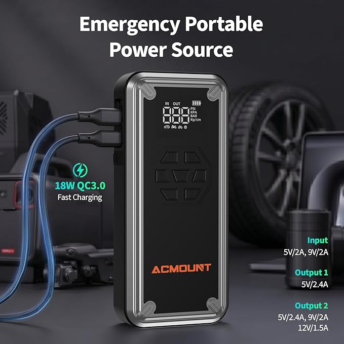 Acmount W160 Jump Starter with Air Compressor, 5000A Portable Car Jump Starter 150PSI Tire Inflator/Air Pump, 12V Battery(Up to 9L Gas/8L Diesel Engine) Jump Pack, Car Emergency Kit, Idea Gift for Man
