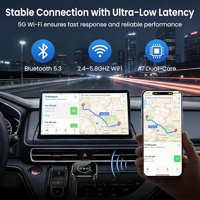 ELECROW Wireless CarPlay Adapter for iPhone＆Android - 3 in 1 Dual Band WiFi 2.4G/5G & Bluetooth 5.3 Airplay Mirror Link CarPlay Dongle with USB-A/Type-C Port, Plug & Play, OTA Update