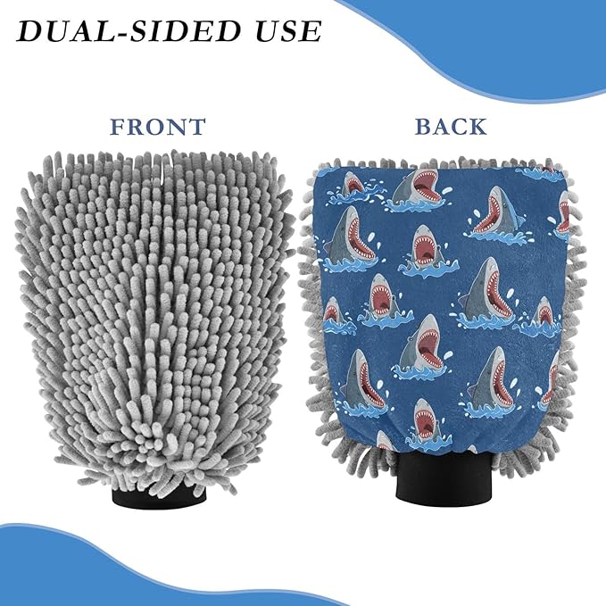 Qilmy Cartoon Sharks Pattern Microfiber Chenille Car Wash Sponge Scratch Free Car Wash Mitt Absorbent Mitt Sponge for Trucks SUVs Car Washing Home Cleaning, Medium