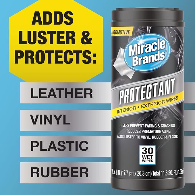 Miracle Brands Auto Protectant Wipes - 30 Count, Clean & Protect Auto Surfaces Including Finished Leather, Plastic, Vinyl and Rubber