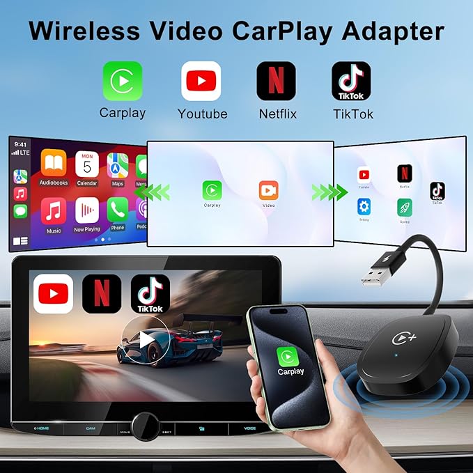 XHU Wireless CarPlay Adapter, CarPlay Wireless Adapter Supports Netflix, YouTube, and TikTok Stream Media Play, for OEM Wired CarPlay to Wireless Dongle, Only Fits for iOS 10+ Phone & Cars from 2016