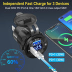 Qidoe 78W 3 Port USB C 12V Outlet Dual PD 30W & 18W USB A Port with Voltmeter Lengthened Aluminum Body Switch Waterproof Car Charger Socket for Car, Boat, Marine, RV