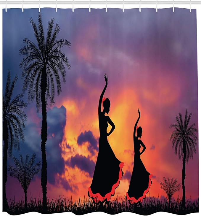 Ambesonne Spanish Shower Curtain, Silhouette of 2 Girls Dancing Flamenco with Dramatic Cloudy Sunset Sky Background, Cloth Fabric Bathroom Decor Set with Hooks, 69" W x 84" L, Salmon Pale Purple