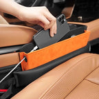 Car Seat Organizer with Gap Filler, 2-in-1 Luxurious Microfiber Storage Box and Leather Seat Console Gap Filler Drop Blocker Stopper Accessories for Sedan SUV Truck Van (Black/Orange, 1 Set)
