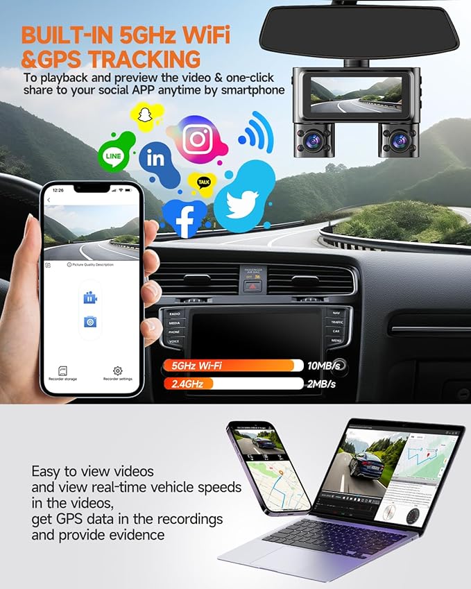 Dash Cam 360°, 4 Channel Camera for Cars Front and Rear Inside, 2K FHD Mini Dashcam, 5G WiFi, GPS, Free 64G Card, Voice Control, WDR, HDR, Night Vision, 24/7 Parking Mode(Upgraded Version V7PLUS)