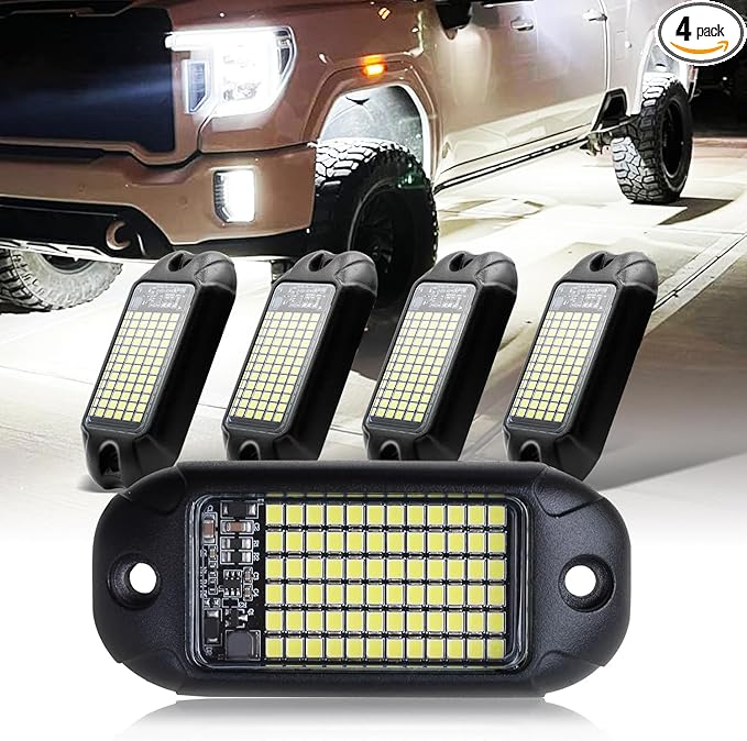 Nicoko 4Pods Pure White 72 LEDs SMD Chips 72w High Power Rock Lights Super Bright White Offroad Car Boat Underglow Lights IP68 Waterproof for Truck SUV UTV ATV RZR