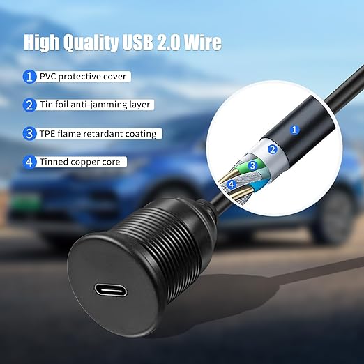Single Port USB C 2.0 Male to USB C 2.0 Female Extension Cable,Flush Mount Waterproof Panel Cable for Car,Truck,Boat,Motorcycle Dashboard 3.3ft