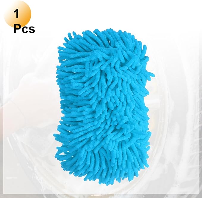HARFINGTON Car Wash Sponge 9.1" x 4.7" Chenille Microfiber Mitt Scratch-Free Absorbent Scour Scrubber Cleaning Sponge for Washing Detailing on Cars, Trucks, SUV, Boats, RVs, Light Blue