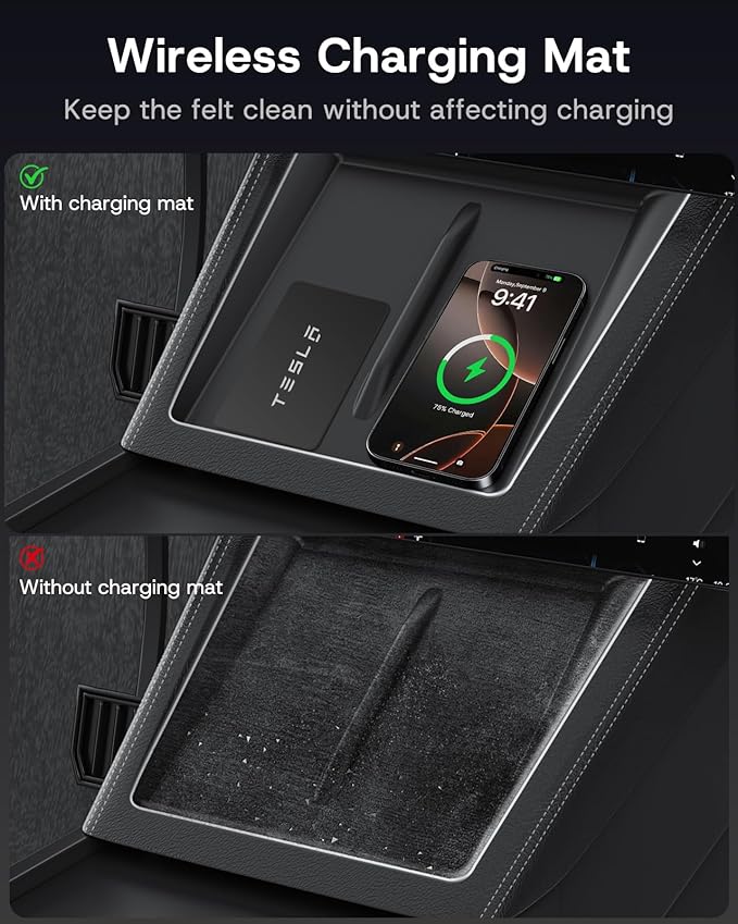 Center Console Organizer Tray for Tesla Model Y Juniper 2026 2025 (Premium & Performance), 8PCS - PC Material & Silent Silicone Armrest Storage Box Bottom Liners Wireless Charging Pad Cup Holder