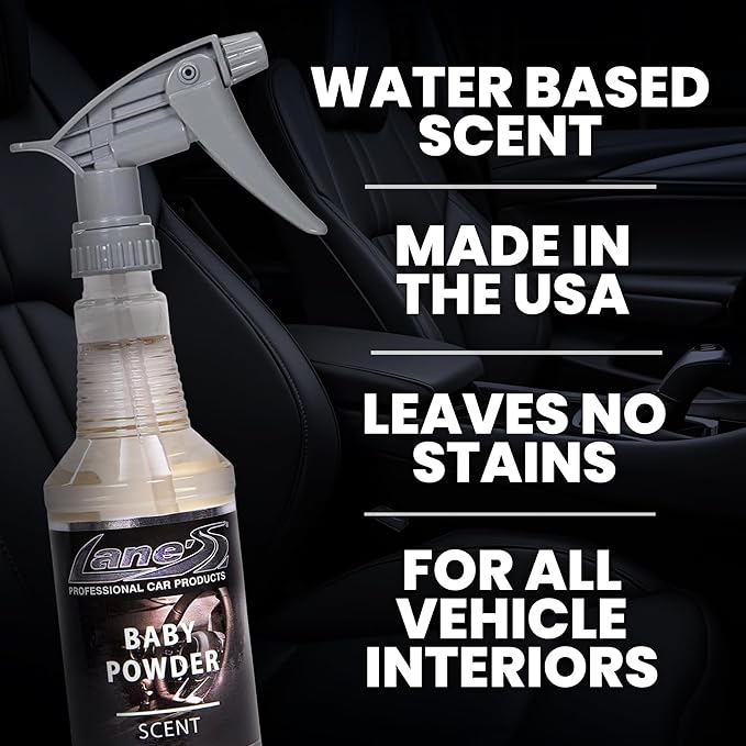 LANE’S Premium Car Air Freshener "Baby Powder" - 16 oz Water-Based, Long-Lasting Auto Scent Spray - Food, Pet, Odor Smell Deodorizer for Cars, Trucks, SUVs' Interior Leather, Carpet, Upholstery