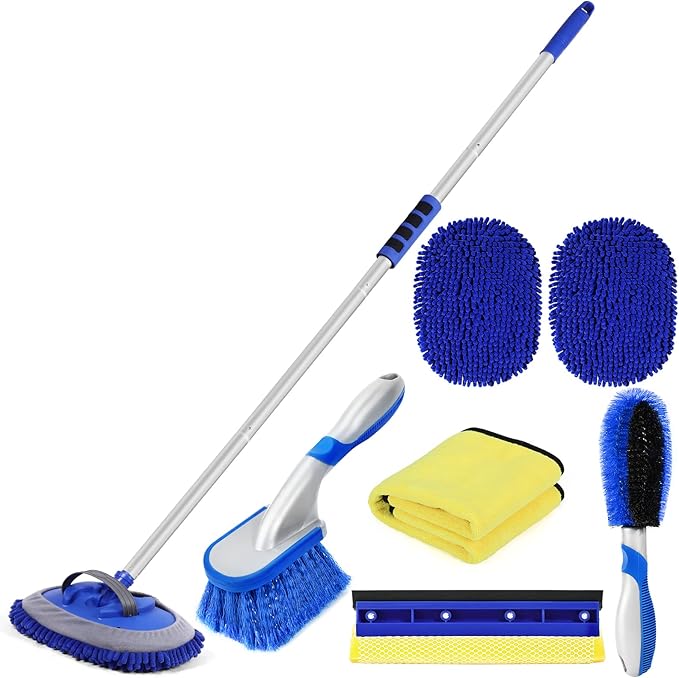 Lsyomne 62'' Car Wash Brush Mop Kit with Long Handle Microfiber Car Washing Tool kit Detailing Brush Car Wheel Tire Cleaning Brush Windshield Squeegee Car Duster Towel for Cars Truck, SUV, RV