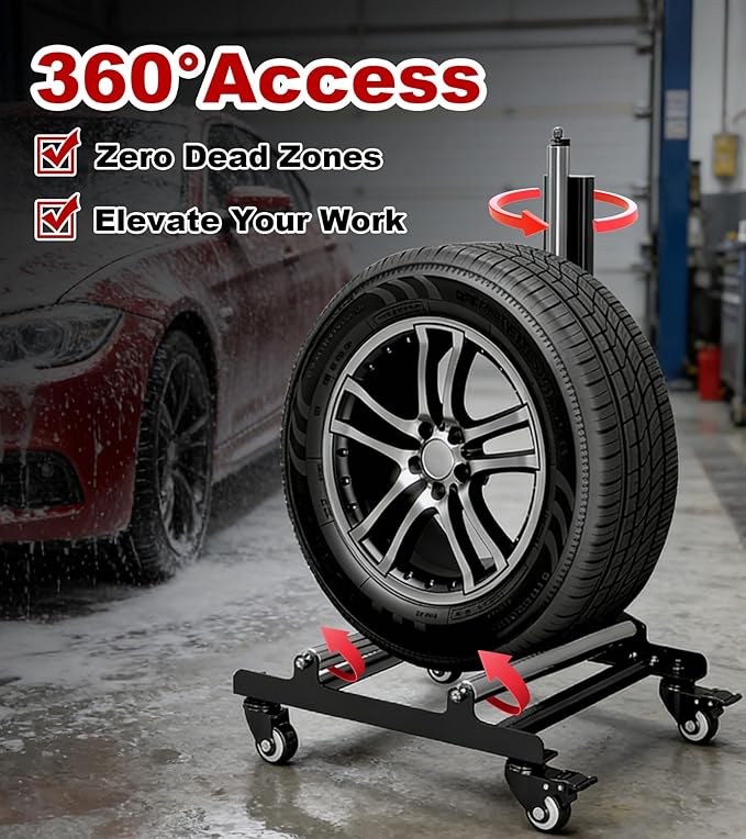 360° Rolling Wheel Detailing Stand with Wheels, Heavy Duty Steel Wheel Cleaning Stand for Tire, Rim Polishing, Ceramic Coating, Car & Motorcycle Wheel Roller Stand