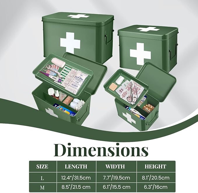 Flexzion First Aid Box Organizer Empty 13" Green Vintage First Aid Kit Tin Metal Medical Box - First Aid Storage Box Container Bins with Dividers, Removable Tray and White Cross Logo