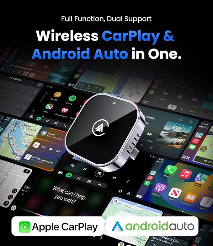 Teeran 2 in 1 Wireless CarPlay and Android Auto Adapter, Easy Setup Plug and Play, Fast Seamless Use Supports 1000+ Cars with Built-in Wired Car Play/Android Auto Compact Sleek Design Car Adapter