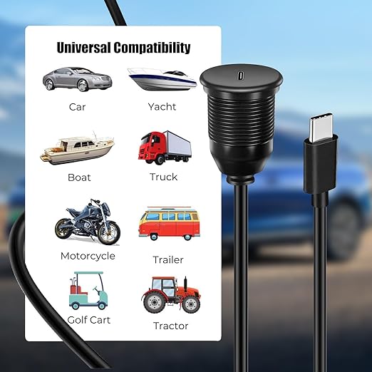 Single Port USB C 2.0 Male to USB C 2.0 Female Extension Cable,Flush Mount Waterproof Panel Cable for Car,Truck,Boat,Motorcycle Dashboard 3.3ft