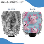 Car Cleaning Mitt Cute Pink Axolotls on Blue Chenille Microfiber Washing Gloves Wash Mitt for Car Washing and Detailing, 8.07" x 11.8"