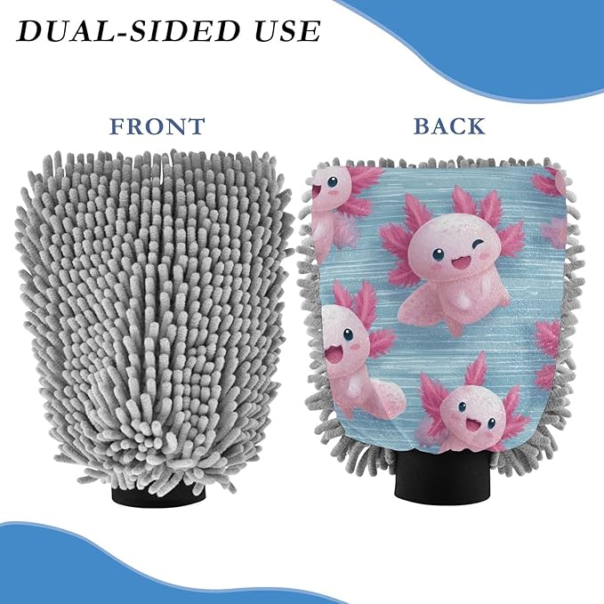 Cute Pink Axolotls on Blue Car Wash Mitt 2 Pack Scratch-Free Lint-Free Absorbent Microfiber Wash Mitt for Car Detailing, Double-Sided Gloves 7.09''X10.24'',