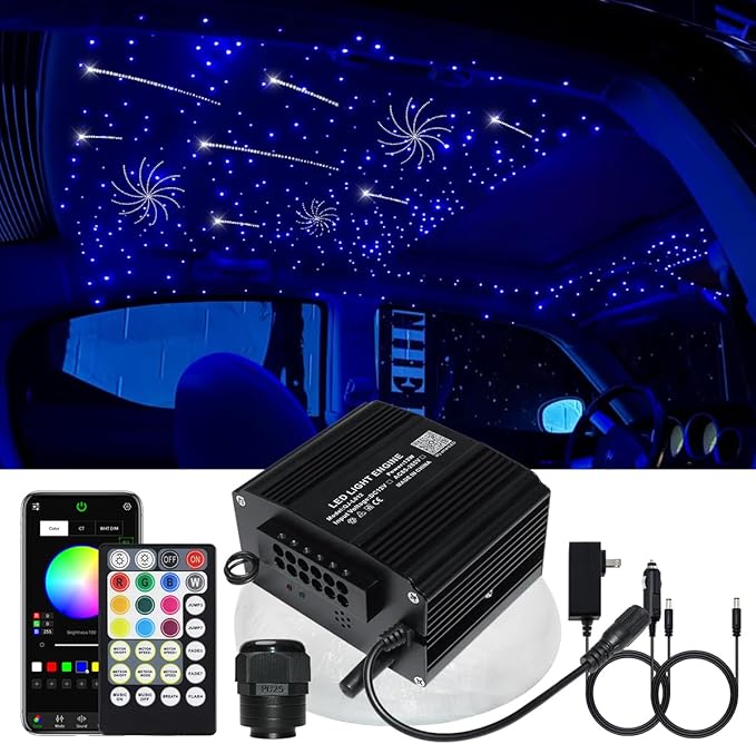 AZIMOM 2-in-1 Twinkle Meteor Fiber Optic Starlight Headliner 300pcs 0.03in 9.8ft Twinkle Stars+180pcs Shooting Star Sound Mode APP& Remote Control Starlight Meteor Kits for Car Home Ceiling