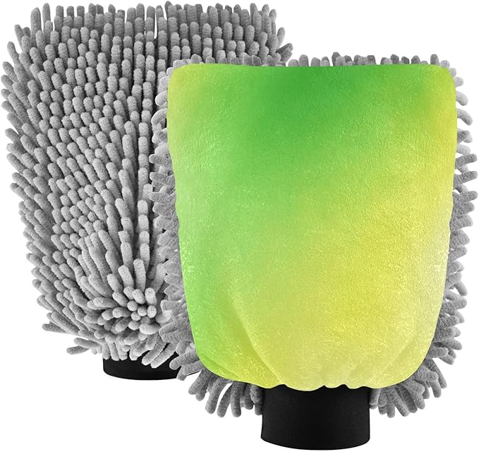 Qilmy Green Gradient Pattern Microfiber Chenille Car Wash Sponge Scratch Free Car Wash Mitt Absorbent Mitt Sponge for Trucks SUVs Car Washing Home Cleaning, Large