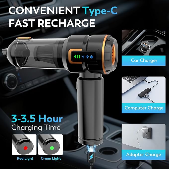 Car Vacuum Cleaner Cordless, 22000PA High Power Portable Handheld Vacuum & Compressed Air Duster, Mini Vacuum with LED Display, 3 Modes Brushless Motor for Car, Home, Office, Camping