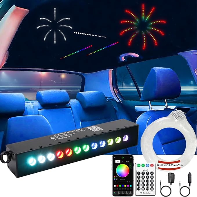 AZIMOM RGB 12LED Meteor Shooting Star Kits 600pcs 0.03in 9.8ft Colorful Shooting Star Fiber Optic Starlight Meteor Kits for Car Home Roof Ceiling