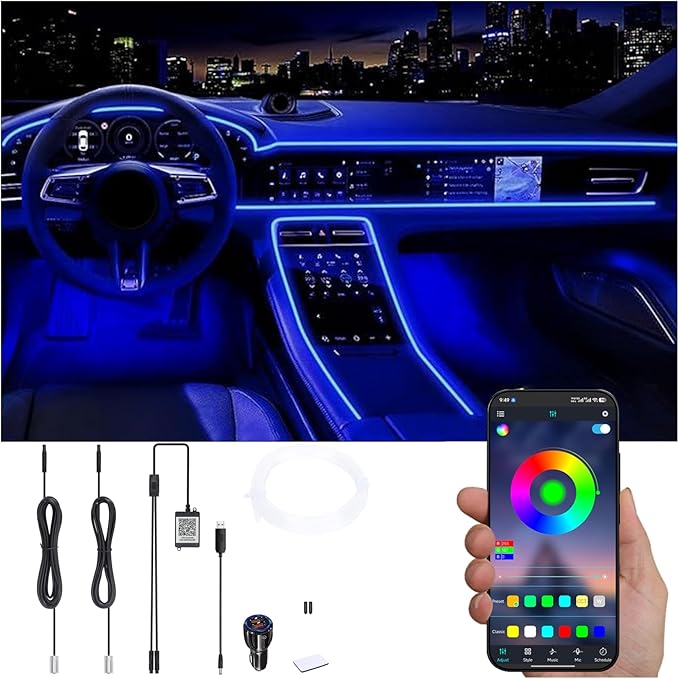 Car Interior Ambient Lighting Kit USB Multicolor RGB 3m Optic Fiber 64 Colors Sound Active Music Sync Memory Function Wireless Bluetooth APP Control Car Atmosphere Light with car Charger 12V