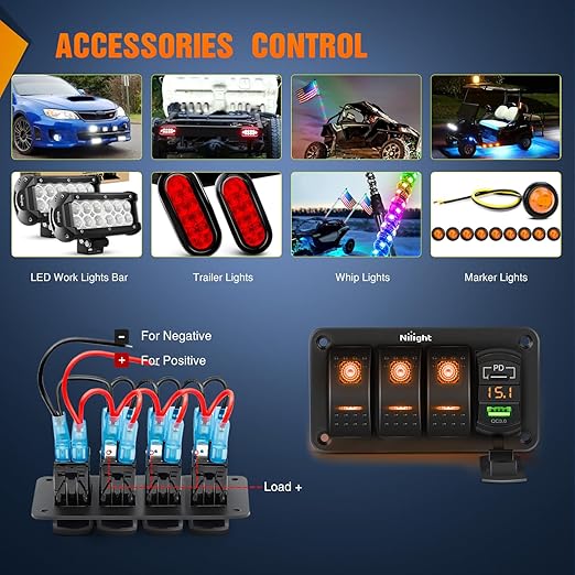 Nilight 3 Gang Rocker Switch Panel with PD Type C and USB Charger Voltmeter 12V SPST ON Off Toggle Switches with Orange Backlit Waterproof Aluminum for Boats Cars RVs Trucks