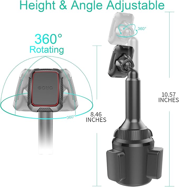 OQTIQ Magnetic Phone Cup Holder for Car - Adjustable Height & Multi-Angle - One-Hand Operation - Compatible with Samsung, Google, & More - Black, Not for MagSafe