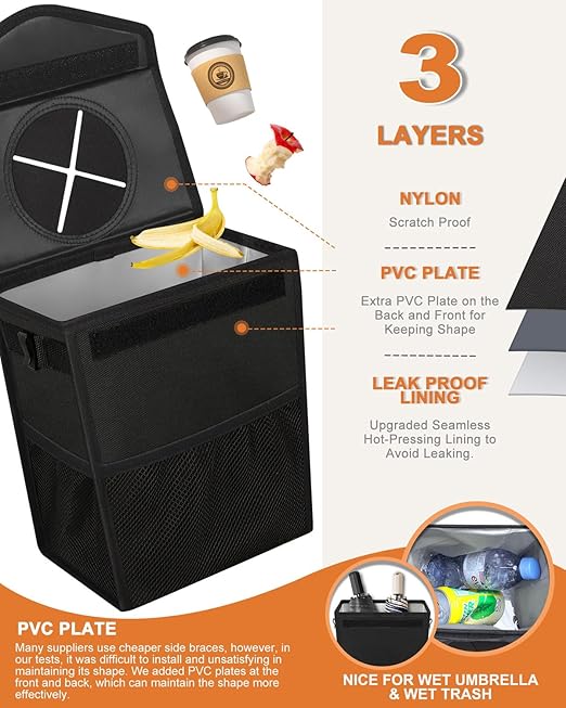 Pritent Car Trash Can with Lid, Cute Leakproof Car Trash Garbage Bag Hanging Vehicle Trash Bin Small Portable Automotive Garbage Cans Organizer for Back/Front Seat/Console(2.8 Gallons,Black)