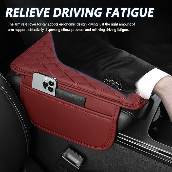 Stacool Upgraded Car Center Console Cover,Microfiber Leather Car Armrest Cover Cushion with 2 Storage Bags,Universal Car Armrest Storage Box (Red)