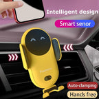 Wireless Car Charger Mount, Cute Car Phone Holder, Automatic Clamping Air Vent Dashboard Smart Phone Holder for iPhone 15/14/13/12/11//XS/XR/8, Samsung S23/22/21/20/Note 20, etc (Yellow)