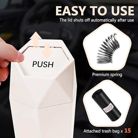 Car Trash Can with Lid - 1-Pack, Interior Accessories for Vehicles, Leakproof Garbage Can with 15 Detachable Trash Bags, Multipurpose Organizers and Storage Solutions for Home and Office (Beige)