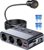 LIHAN 7-1 Cigarette Lighter Splitter,12V/24V Car Charger Adapter with 3 Socket Expander,PD30W Type-C,QC3.0 & Dual USB Ports,Independent Switches,Voltage Display,3.3FT Extension Cord fit Truck RV SUV