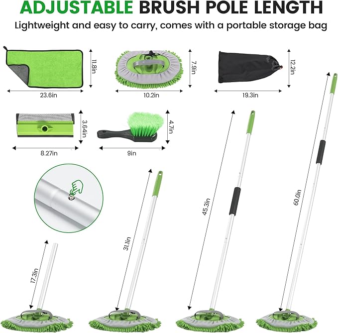 Car Wash Brush with Long Handle, 60'' Car Wash Mop, 7Pcs Chenille Microfiber Cars Washing Kit with Window Squeegee/Microfiber Towels /Wheel Brush for Cars RV Truck Boat Floor Window, Green