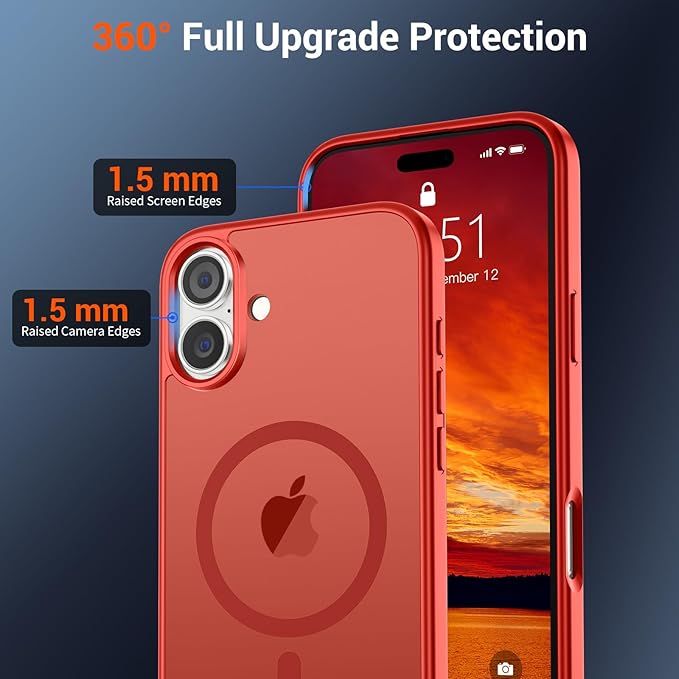 SUPFINE Magnetic for iPhone 16 Case (Compatible with MagSafe) (Military Grade Drop Protection) Slim Translucent Matte Shockproof Phone Cover,Red
