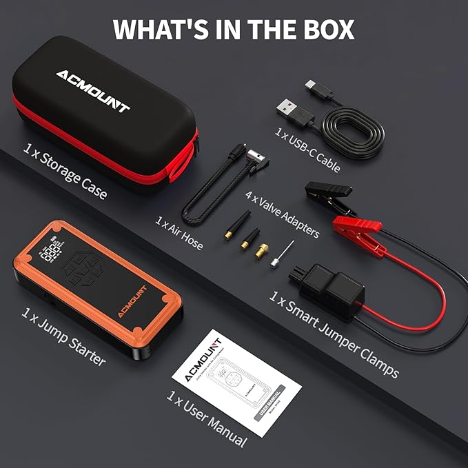 Jump Starter with Air Compressor, Acmount 5000A Car Battery Jump Starter with 150PSI Tire Inflator for Up to 9.0 Gas/8.0L Diesel, 12V Portable Jump Starter Box with LCD Display, Light (Orange&Black)