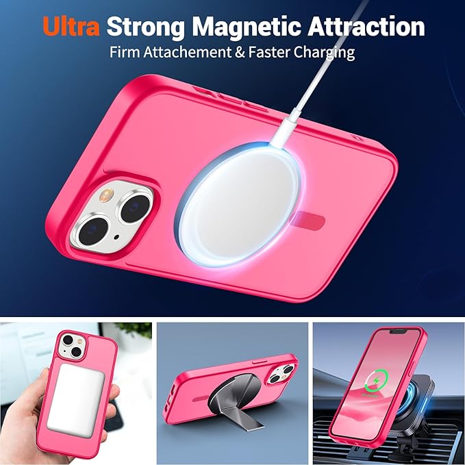 SUPFINE Magnetic for iPhone 15 Plus Case & iPhone 14 Plus Case(Compatible with MagSafe)(Military Grade Drop Protection) Slim Translucent Shockproof with Anti-Fingerprint Phone Case,Hot Pink