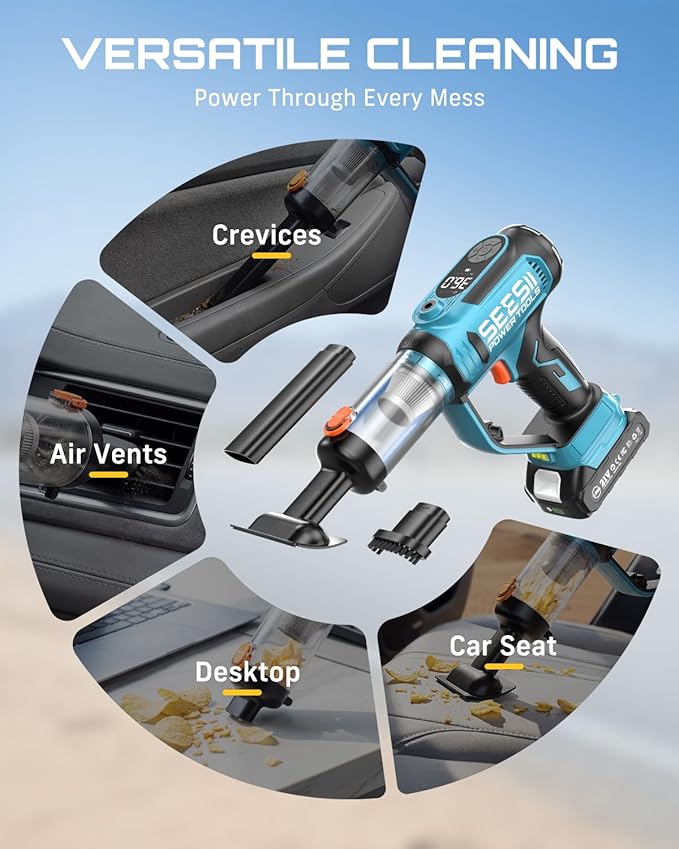 SEESII 2-IN-1 Tire Inflator & Car Vacuum with 2×2000mAh Batteries, 150PSI Rapid Portable Air Compressor, 20000Pa Suction, 21V Cordless Air Pump, Digital Gauge, LED Light for Car, Ball, Bike, Home