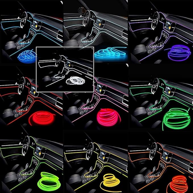 MaxLax White LED Neon Car Interior Lighting Strip - 3 Meter Flexible 12V EL Wire with Built-in Fuse Protection for Automotive Interior Customization, Featuring 6mm Sewing Trim for Easy Installation.