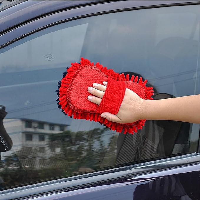Car Wash Mitt,Microfiber Chenille Car Wash Mitt,Double-Sided lint-Free,Scratch Free,Cleaning Mitts for Truck, SUV, RV (Red)