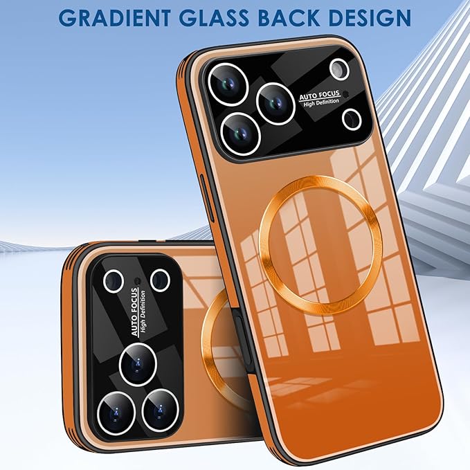 Guppy Compatible with iPhone 17 Pro Magnetic Case, with Full Camera Lens Protector [Compatible with MagSafe] Scratch Resistant Gradient Glass Back Cover Phone Case-Orange