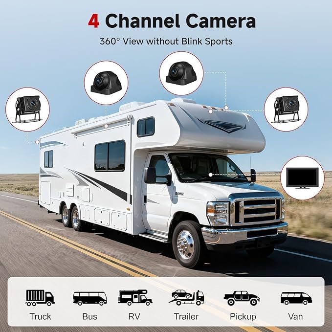 RV Backup Camera System - 10.1 Inch 4K Touchable 4 CH Monitor, 1080P IP69 Waterproof Wired Camera, DVR Loop Recording Bluetooth for Semi Truck Trailer Camper Pickup Bus