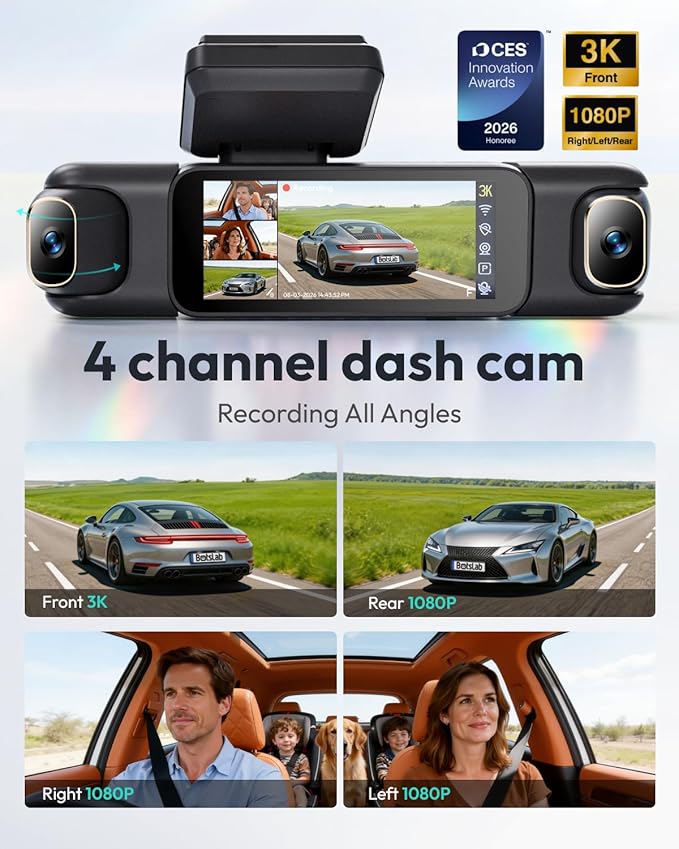 BOTSLAB 3K 4 Channel Dash Cam, 560° All-Sides View, Front and Rear Inside Car Camera with 3.18”Touch Screen, Dash Camera 24/7 Parking Mode, Built-in GPS 5.8GHz WiFi Voice Control, Free 128GB Card