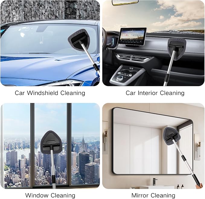 Qydipclin 10pcs Windshield Cleaner Tool, Car Window Cleaning Wash Kit with 4 Reusable Microfiber Pads 1 Spray Bottle and Extendable Handle Auto Glass Wiper Kit, Gray