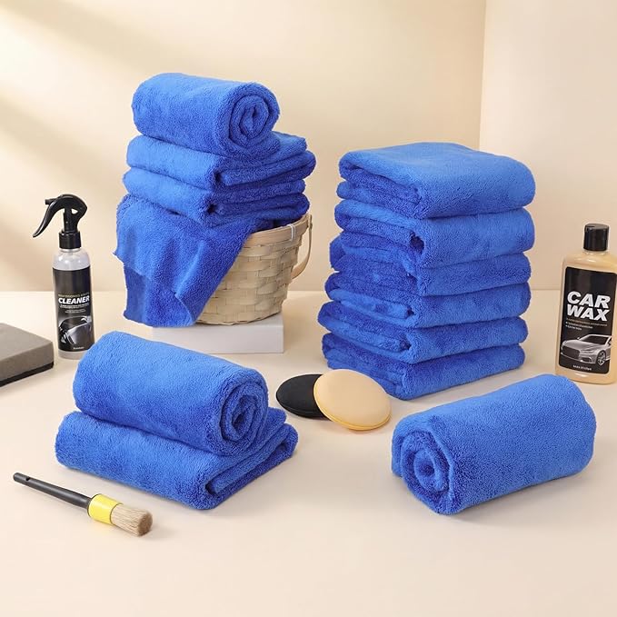 Shimeyao 30 Pcs Edgeless Microfiber Plush Towels for Cars Detailing Drying Wash Polishing Absorbent Cleaning Cloths, 500 GSM (16 x 24 Inch,Dark Blue)