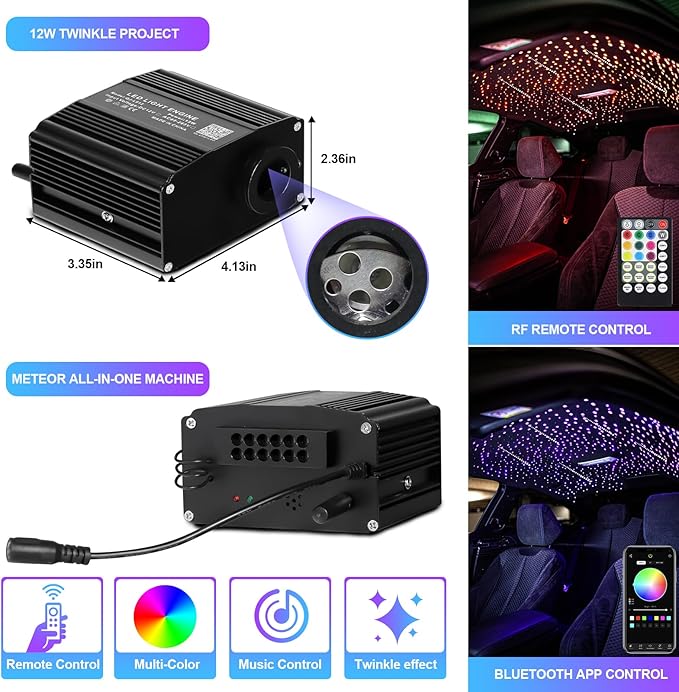 Starlight Headliner Kits for Car, Twinkle & Meteor 2-in-1 Light Engine, 450pcs 0.03in 9.8ft RGBW Fiber Optic Lights Star Ceiling Sky Decoration for Car/Home, White Shooting Stars 12W Starlight kit