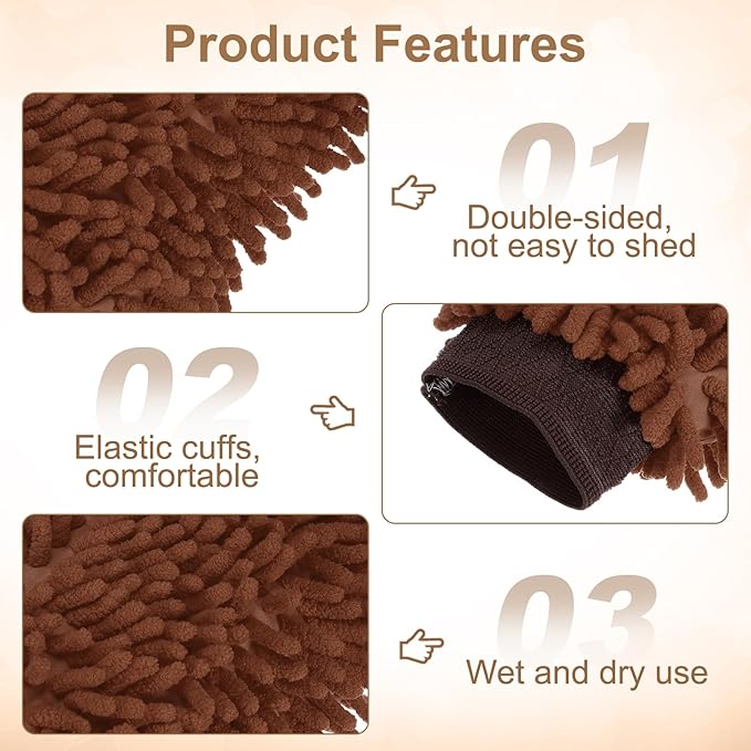 HARFINGTON 2pcs Chenille Microfiber Car Wash Mitts 9.8" x 7.9" Scratch Free Wash Gloves Absorbent Double Sided Plush Cleaning Drying Mitts for Car Washing Home Brown